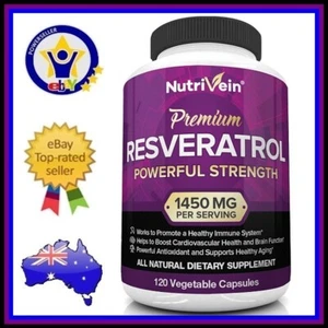 NUTRIVEIN RESVERATROL 1450mg Anti-Aging Antioxidant NAD+ NMN Booster 120 Caps - Picture 1 of 7