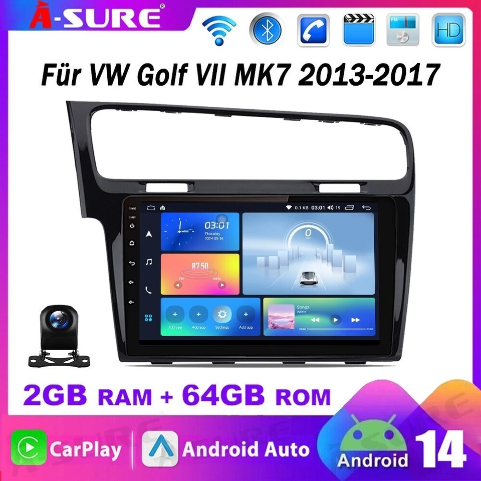 64G Android 14 Autoradio Wireless Carplay DSP GPS Navi Kam für VW Golf 7 VII MK7 - Bild 1 von 4