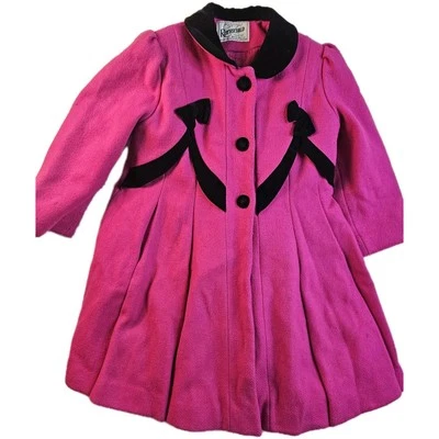 Rothschild Wool Fuchsia Purple Pink Button Coat Black Velvet Trim Vtg Girl's 6 - Image 1 of 4