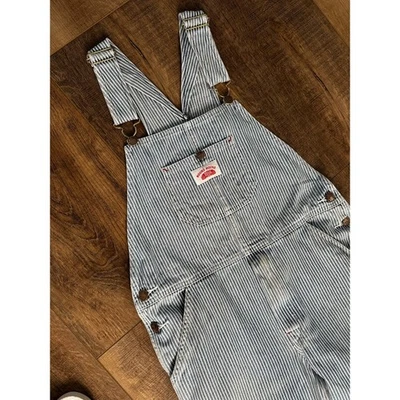 Macacão vintage redondo casa babador nogueira listrado azul ferrovia tamanho 14 criança-adulto pequeno - Imagem 1 de 4