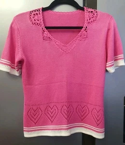 Womens Pink Knitted Short Sleeve Top Crochet S/M Hearts Cute Jumper Hippie 80s - Picture 1 of 15