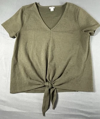 J Crew Textured V-neck Bow Tie-front Short Sleeve Shirt Blouse M Olive Green - Image 1 of 4