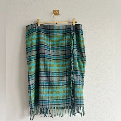 J Jill  Gray Green Blue Tartan Plaid Wool Faux Wrap Skirt with Fringe Size 16p - Image 1 of 4