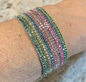 10pc Sparkling Colorful Elastic Prong Set Rhinestone Tennis Bracelets - Picture 1 of 8
