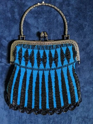 Victorian Style ABSTRACT Black & Blue HndMd Boutique Crystal Bead Heirloom Purse - Image 1 of 4