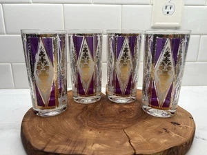 Vtg Cera Mid Century Gold And Amethyst Highball Drink Glasses Set of 4 - Picture 1 of 11