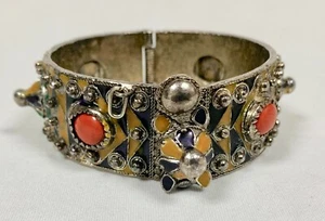 Bracciale Etnico In Argento Corallo E Smalto - Berbero - KABYLIE - Picture 1 of 2