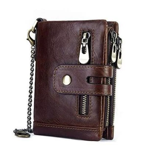 Real Leather RFID Blocking Bifold Wallets for Men Double Zipper Coin Brown - Picture 1 of 7