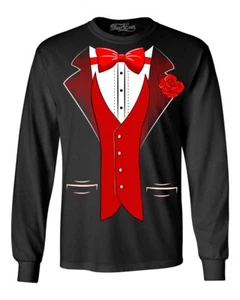 Red Bow Tie Tuxedo Costume Long Sleeve Rose Boutonniere Prom Suit Shirts - Picture 1 of 8