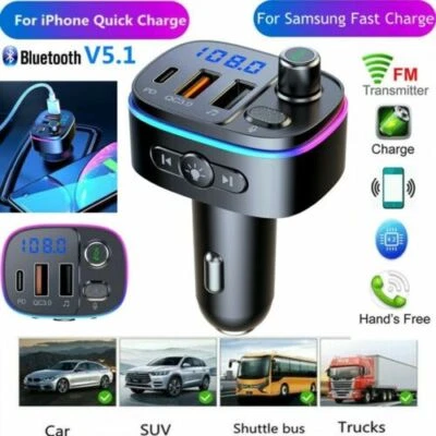 Adaptador sem fio Bluetooth 5.0 para carro transmissor FM MP3 rádio carregador USB rápido AUX - Imagem 1 de 4