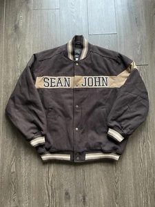 Y2K Sean John Wool Bomber Jacket Mens L Vintage Button Up Coat, Brown Vintage - Picture 1 of 7