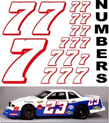 WHITE w/RED (#7's) Racing Numbers Decal Sticker Sheet 1/8-1/10-1/12 RC KYOSHOGMC - Image 1 of 4