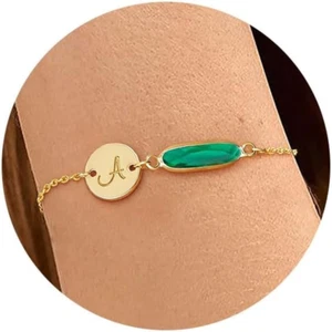 Birthstone Initial Gold Bracelets for Women Trendy Non Tarnish Dainty 14K Gold P - Picture 1 of 9