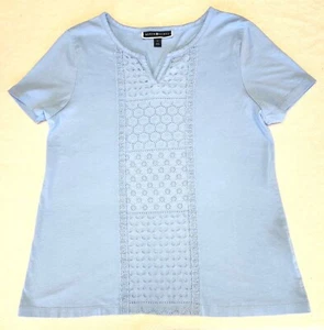 Karen Scott ~ Women's Vintage Short Sleeve Top ~ Size Large ~ Blue ~ Lace - Picture 1 of 7