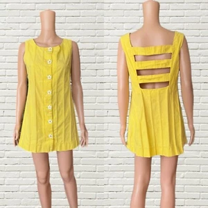 Vintage 60s Cut Out Mini Dress Yellow Daisy Button Cole Of California Xs - Picture 1 of 8