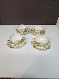 Haviland Limoges Art Nouveau Green & Gold Floral Bouillon Cup & Saucer Set Of 4 - Picture 1 of 8