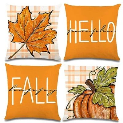 Paquete de 4 fundas decorativas de almohada de otoño 18X18 a cuadros de búfalo funda de almohada de acción de gracias Foto 1 de 4