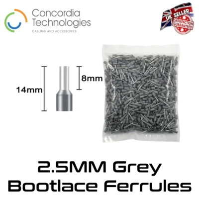 Bootlace Ferrules Crimps Cord End Electrical Terminals 2.5 mm Grey *UK Supplier* - Image 1 of 3