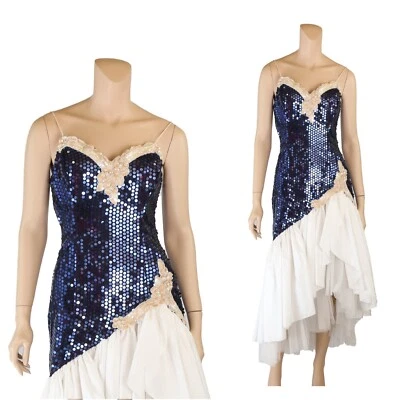 Loralie Look Vintage 80s Blue Sequin White Taffeta Party Prom Dress sz 9/10 - Image 1 of 4