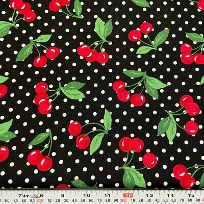 Michael Miller Cherry Dot White Polka Dot Black Cotton Fabric Remnant 11" x 43" - Image 1 of 2
