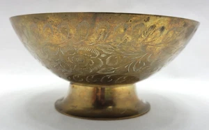 Vintage Floral Etched Brass Pedestal Bowl Planter Hollywood Regency MCM 7" Round - Picture 1 of 8