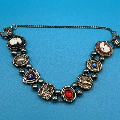 Vintage Cameo Slide Charm Bracelet with Gemstone Accents Ornate Victorian Design - Image 1 of 4