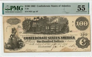 1862 $100 Confederate States of America PMG AU55 T-39 - Picture 1 of 2