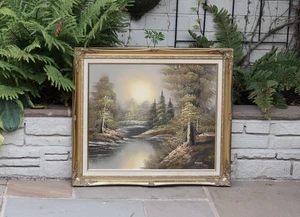 Vintage Oil Painting On Canvas Gold Frame Forest River Winter Autumn 30’ X 26” - Picture 1 of 11