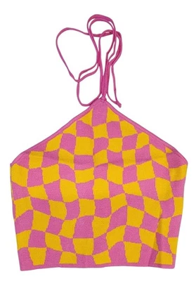 Double Zero Halter Pink Orange Checkered Top  Womens Mystical Medium NWT - Image 1 of 4