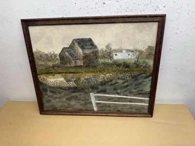 Vintage Cox - Acuarela firmada de un granero y la Casa Blanca enmarcada 1977 Foto 1 de 4