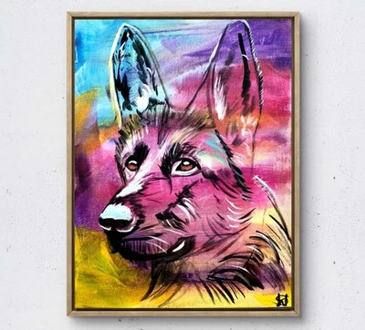 Pintura original de perro pastor alemán 14X11 lienzo acrílico arte abstracto para el hogar Foto 1 de 4