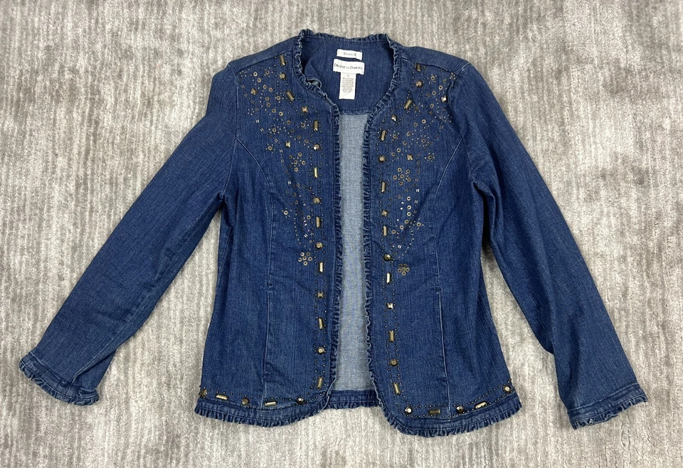 Драпировки и дамоны куртка женщин маленький джинсовой ткани украшенный длинным рукавом с подкладкой открытый - Изображение 1 из 4