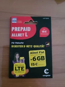 Congstar Prepaid . 15€Guthaben,6GB Allnet L SIM Karte, Neu. - Bild 1 von 2