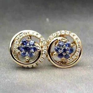 2Ct Round Cut Lab Created Blue Sapphire Women Stud Earring 14KYellow Gold Plated - Picture 1 of 4