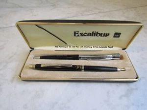 Vintage Excalibur Pen & Mechanical Pencil Set Promo Never Used BLK/Silver + Case - Picture 1 of 9