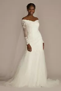 Davids Bridal Mermaid Wedding Dress Off-Shoulder Trumpet Ivory Lace Sequin Sz 12 - Picture 1 of 18
