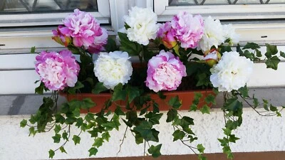 MARKENLOS künstliche Blumen pflanzen Balkonkasten 59cm.mit Peonie/engl.Efeuranken