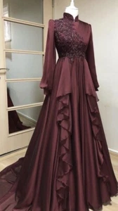 Muslim Chiffon Wedding Dress Long Sleeves Elegant Beading High Neck Bridal Gowns - Picture 1 of 22