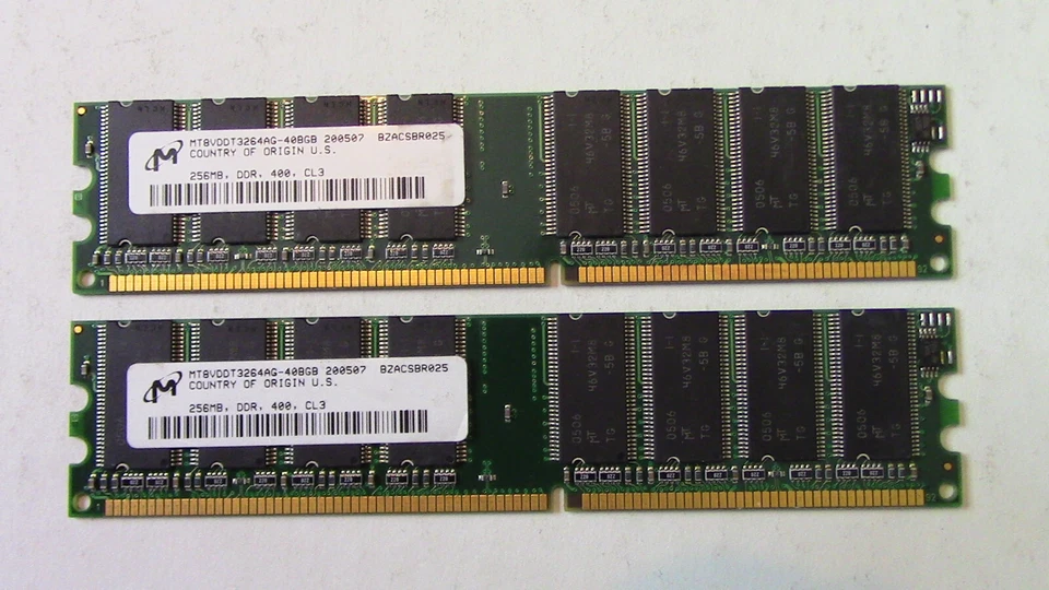 2 stick Micron 256MB MT8VDDT3264AG-40BGB DDR 400 CL3 RAM BZACSBR025 512MB total - Image 1 of 2