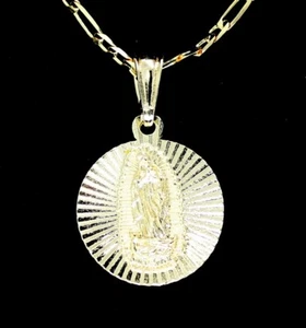Guadalupe 14k Gold Plated Charm Round Pendant 4mm 20" Figaro Necklace Chain - Picture 1 of 3