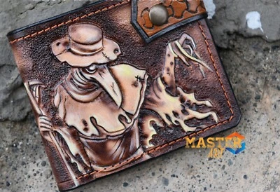 Cartera tallada Plague Doctor, cartera símbolo Caduceo, cartera de cuero tallado Foto 1 de 4