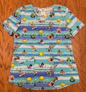 ScrubStar Looney Tunes Tie Dye Blues Toons Scrub Top Size Small - Stretch - Picture 1 of 5