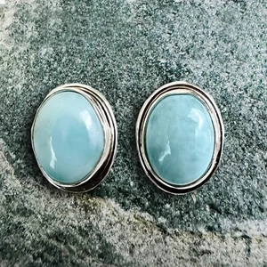 Larimar Earrings Sterling Silver Studs 925 Gemstone Southwestern Women Bezel - Imagen 1 de 3