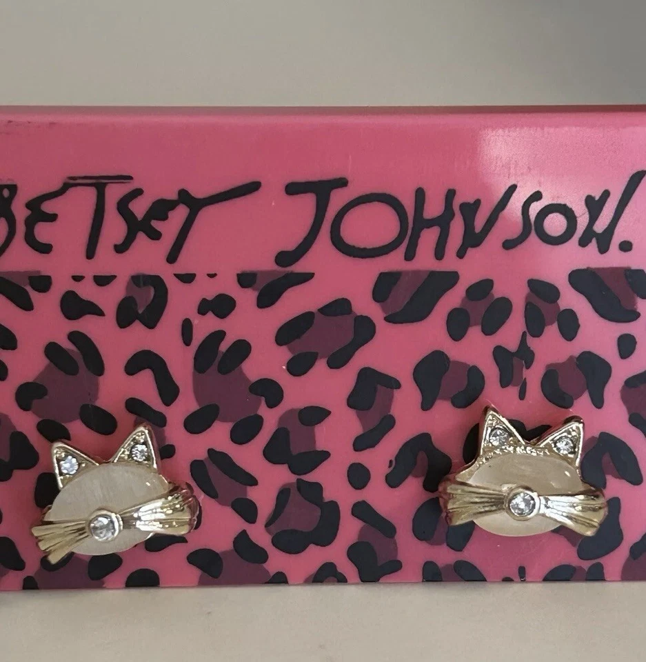 Hermosos Pendientes Betsey Johnson Tono Dorado Ópalo Gatito Gato Nuevos con Etiquetas Foto 1 de 4