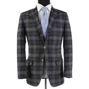 Kiton Sport Coat Size 48 38R US Black Gray & Blue Plaid Vicuna/Cashmere/Silk - Picture 1 of 10