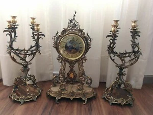 ANTIQUE LAFUENTE BRONZE TABLE CLOCK SET WITH CHANDELIERS TRIM - Picture 1 of 12