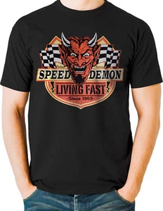 T-shirt Rockabilly Speed Demon Living Fast Devil Face Retro Hot Rod US Car V8 - Picture 1 of 1