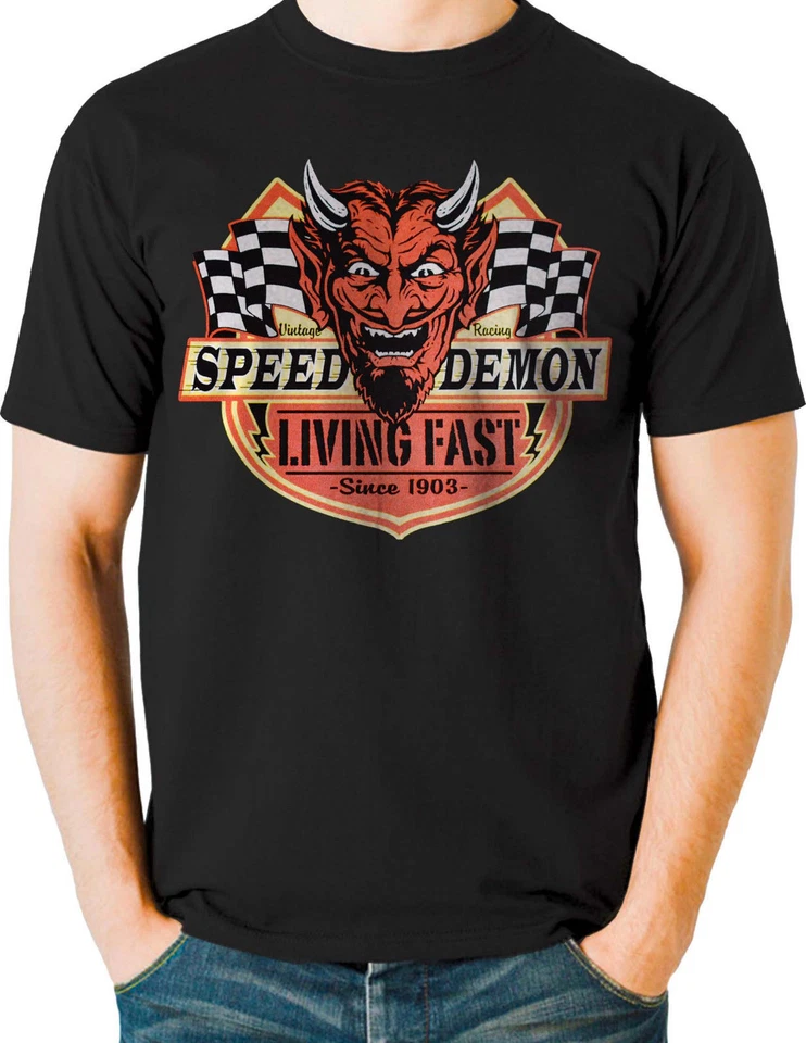 Camiseta Rockabilly Speed Demon Living Fast Devil Face Retro Hot Rod US Car V8 Foto 1 de 1