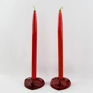 MCM Red Lucite Copper Star Flake Candlesticks Pair & Holder Base - Set Of 2 - Picture 1 of 6