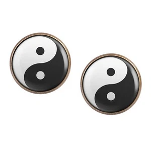 Mylery coppia orecchini con motivo Yin Yang nero bianco Taiji bronzo vari - Foto 1 di 6
